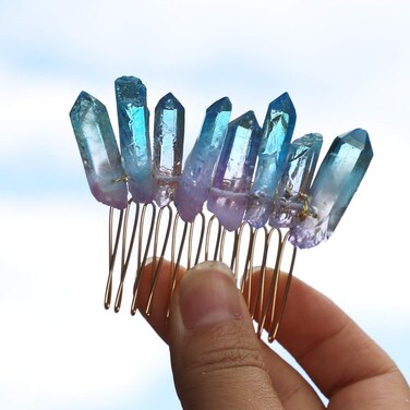 Handmade Natural Crystal Hair Comb Bridal Wedding Headwear Crystal Stone Hairpin Hair Clip Clamp Side Hair Combs for Women Hair Accessory (Blue)