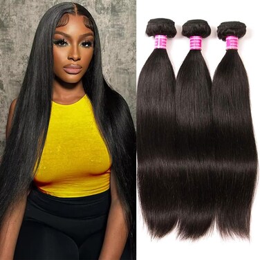 QinMei Brazilian Straight Hair 3 Bundles 10A 100% Virgin Unprocessed Human Hair Weave Extensions Brazilian Remy Straight Human Hair Bundles Natural Black Color (18 20 22inch)
