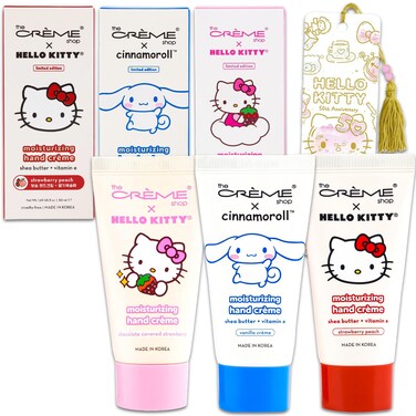 SANRIO The Creme Shop x Hello Kitty and Friends Hand Lotion - Bundle with 3 Shea Butter + Vitamin E Hello Kitty Lotions Scents Strawberry Peach, Vanilla Creme, More Plus Bookmark Lotion Pack