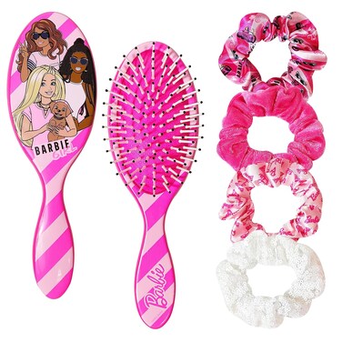 Barbie Hair Accessory 5 Pcs Set - 1 Regular 9 inch Hairbrush &amp; 4 Scrunchies - Detangling Brush Elastic Hair Ties Ropes, Ages 3+
