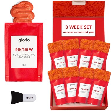 Glorio RENEW: 8 Collagen Boosting Clay Face Mask Treatments - Rare Red Clay - 8 Week Beauty Gift Set - Reduce Lines &amp; Wrinkles - Retinol, Hyaluronic Acid, Facial Skin Care, Self Care, Skincare Women