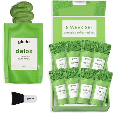 Glorio DETOX: 8 Cleansing Clay Face Mask Treatments - Rare Green Clay - 8 Week Beauty Set - Minimizes Pores, Blackheads, Breakouts - Glycolic + Salicylic Acid, Indian Clay, Spa Gift Set, Face Skincare