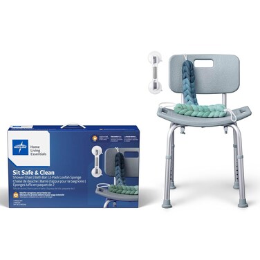 Medline 3-in1 Bath Essentials Kit for Caregivers, Seniors and Adults: Chair, Grab Bar and 2-Pack Loofah for Elderly, Adults, Seniors, Disabled - 1 Ct.