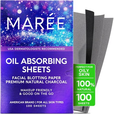 MAREE Oil Blotting Sheets for Face (100 Sheets) - Mineral Blotting Papers For Face with Bamboo Charcoal - Maximum Absorption &amp; Shine Control - Makeup-Friendly Wipes for Oily Skin