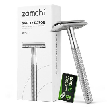 ZOMCHI Double Edge Safety Razor for Men &amp; Women, Metal Razor with 5 Double Edge Safety Razor Blades, Single Blade Razor &ndash; Silver