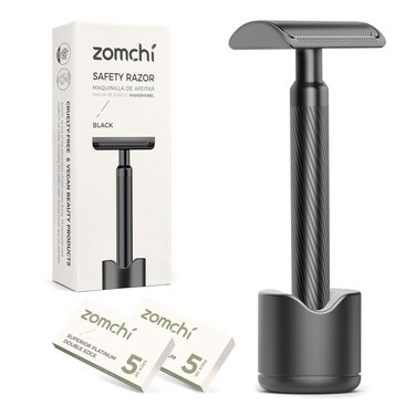 ZOMCHI Double Edge Safety Razor with Razor Stand, Men&rsquo;s Metal Razor with 10 Safety Razor Blades, Reusable Razor for Men &amp; Women - Matte Black