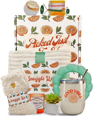 Sunny&amp;Wise Care Package For Women - Designed in USA - Self Care Gifts After Surgery, Get Well Soon, Orange Fruit Themed, Thinking of You, 12 Oz Good Vibes Tumbler