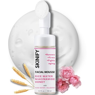 Rice Water Bright Facial Foam Cleanser Collagen-Infused w/Exfoliator &ndash; Double Organic with Rose Water, Niacinamide &amp; Honey &ndash; All Skin Types Men &amp; Women &ndash; Firms &amp; Fights Aging (5.1 Oz)