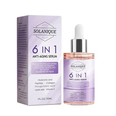 6 in 1 Anti-Aging Face Serum with Hyaluronic Acid, Peptides, Collagen, Vitamin E, Reduces Fine Lines and Wrinkes, Improves Skin Elasticity and Skin Texture, Hydrating, Plumps