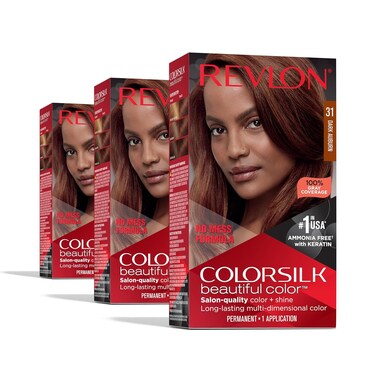 Revlon ColorSilk Permanent Hair Color, 100% Gray Coverage Dye Kit, Ammonia-Free, Keratin and Amino Acids, Red Shades, 31 Dark Auburn (Pack of 3)