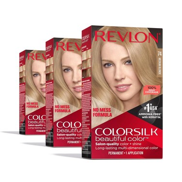 Revlon ColorSilk Permanent Hair Color, 100% Gray Coverage Dye Kit, Ammonia-Free, Keratin and Amino Acids, Blonde Shades, 74 Medium Blonde (Pack of 3)