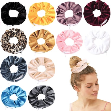 Premium Velvet Hair Scrunchies with Hidden Zipper Pocket for Women - 12 Pcs Floral Chiffon Scrunchies for VSCO Style and Storage