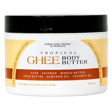 Tropical Ghee Body Butter   Moisturizer   Shea Body Butter For Extreme Dry Skin due to Sunburn, Eczema   Saffron, Mango &amp; Shea Butter, Ghee, Avocado &amp; Coconut Oil. Pharmacist Formulated.
