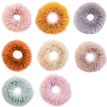 6 Pack Teddy Faux Fur Hair Scrunchies, Rabbit Fluffy Maomao Hair Bands for Women Girl kid's (8 PCS, Rabbit Faux Fur-E)