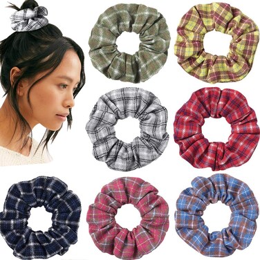 Plaid Hair Scrunchies, 7 PCS Mulberry Silk Elastic Hair Ties, Large Hair Ties, Strong Elastic Hair Bobbles for Ponytail Holder