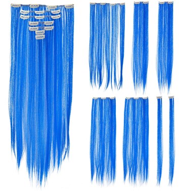 SWACC 7 Pcs Full Head Party Highlights Clip on in Hair Extensions Colored Hair Streak Synthetic Hairpieces (22-Inch Straight, Blue)