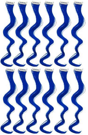 SWACC 12 Pcs Curly Wavy One Color Party Highlights Clip on in Hair Extensions Colored Hair Streak Synthetic Hairpieces (Blue)