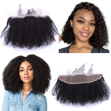 Virgin Mongolian 4b 4c Afro Deep Kinky Curly Human Hair Top Full Lace Frontal Closure with baby hair 13"x4"Closure Piece Free Part Bleached Knots 14