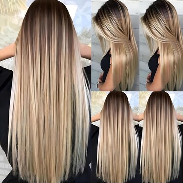 Long Ombre Brown Blonde Wig for White Black Women, Synthetic Straight Highlight Dirty Blond Wig with Dark Roots, Golden Hispanic Ladies Realistic Natural Looking Hair Replacement Wigs