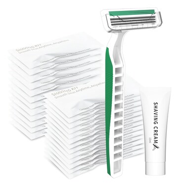 50 Pack 3 Blades Shave Razor kit in Bulk Pivoting Head with Protective Guard 15g Cream Individually Wrapped Paper Bag for Hotel,Airbnb, Homeless,Shelter Camping Travel On The Go
