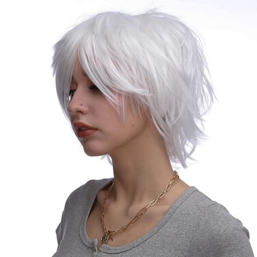 Benehair Short Cosplay Wigs Unisex Short Spiky Layered Anime Cosplay Wigs Fluffy Fashion White Cosplay Wig for Men Women Cosplayer Synthetic Straight Cosplay Wig for Halloween Party