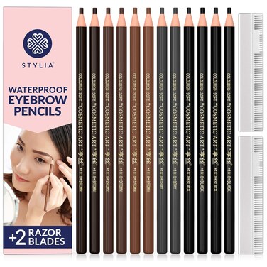 Stylia Waterproof Eyebrow Pencils For Women &ndash; Long-Lasting Microblading Supplies Brow Pencil, Perfect for Eyebrow Shaper, Filling &amp; Defining Natural-Looking Brow - (12PC in 5 Colors)
