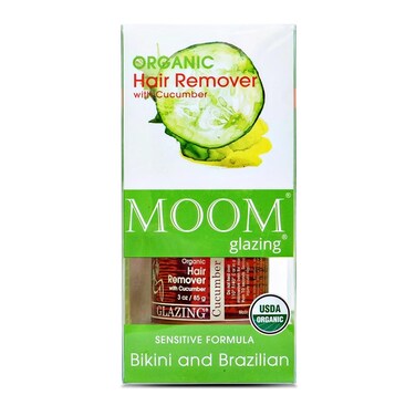 MOOM Organic Brazilian &amp; Bikini Wax Kit - Hair Removal Glaze with Cucumber &amp; Green Tea, Ideal for Sensitive Skin - Includes 18 Reusable Waxing Strips &amp; 6 Waxing Application Sticks - 3 oz. Jar, 1 Pack