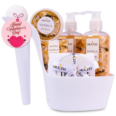Valentine's Day Gifts for Her - 8 Pcs Luxury Vanilla Scented Heel Shoe Bath and Body Spa Basket - Shower Gel, Bubble Bath, Body Butter, Lotion &amp; More - Gift for Women, Mom, Wife, Girlfriend by Draizee