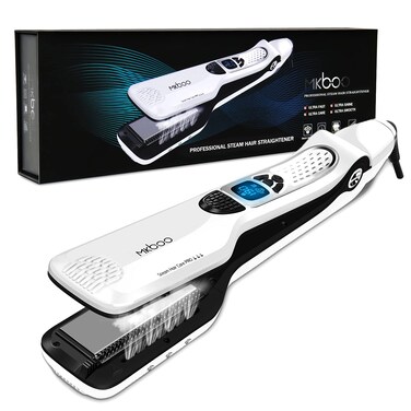 MKBOO Hair Straightener with Steam,Salon Professional Nano Titanium Ceramic Steam Flat Iron with Removable Comb+Digital LCD+5 Level Adjustable Temperature+Auto Temperature Lock White