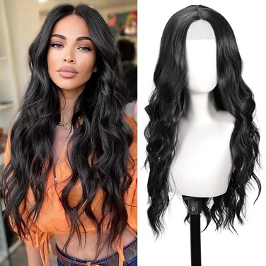 Black Wig for Women, 26 Inch Long Wavy Lace Hairline Middle Part Natural Looking Synthetic Heat Resistant Fiber Wigs for Daily, Party, Halloween and Cosplay, Black