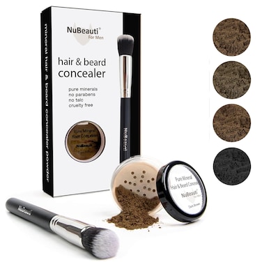 Men&rsquo;s Beard, Mustache &amp; Hair Root Touch Up Powder &ndash; Bald Spot Cover Powder &ndash; No Fragrance, Talc or Parabens &ndash; Hair Cover Hairline Powder by NuBeauti (Dark Brown, With Brush)