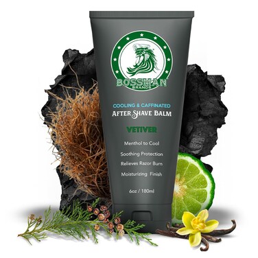 Bossman Cooling &amp; Caffeinated After Shave Balm for Men &ndash; Soothes &amp; Protects with Menthol, Caffeine &amp; Tea Tree &ndash; Vetiver X Scent
