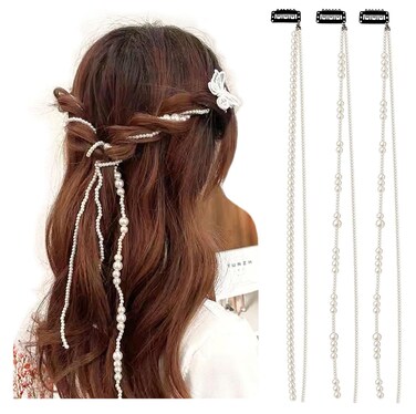 YunZh Faux Pearl beads strands Hair Clip In Hair Braiding clips Long Hair Extension Hair Chain DIY Accessories Fashion Hair Band Hair Accessories for Women Girls (White)