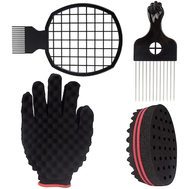Hair Sponge Set (Black-A) - Magic Twist Curl Glove, Afro Brush, Metal Pick Comb for Styling