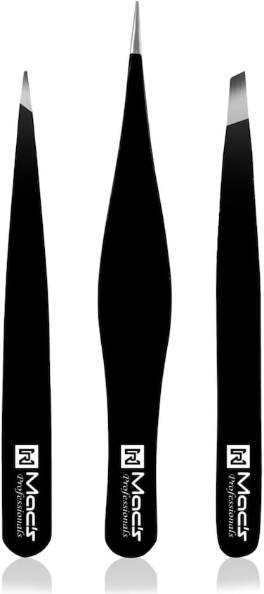 Macs Tweezers Set;- for Eyebrow Plucking, Ingrown Hair -Best for Eyebrow Hair, Facial Hair Removal,Splinter - Stainless Steel Precision Sharp- Pointy Ends Meet Perfectly - 7343BK (Black)