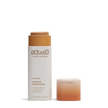 ATTITUDE Oceanly Light Coverage Face Tinted Oil Stick, EWG Verified, Titanium Dioxide-Free, Vegan &amp; Cruelty-Free Tinted Moisturizer, Plastic-Free, Caramel, 0.42 Ounces