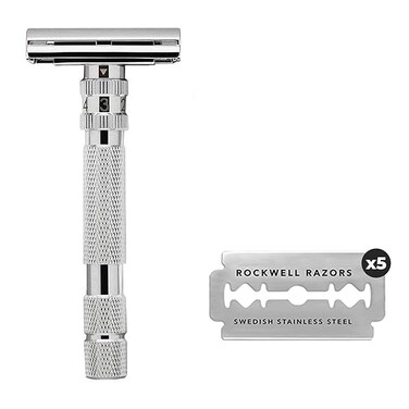 ROCKWELL RAZORS T2 Long Handle Safety Razor with Infinite Shaving Settings, 5 Blades and Travel Leather Bag, White Chrome