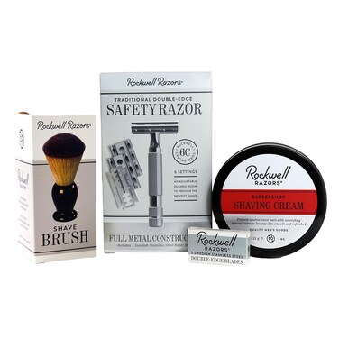 Rockwell 6C Shave Kit (White Chrome)   Includes Safety Razor with 6 Adjustable Settings, Shaving Cream, Synthetic Shave Brush, &amp; 4 Month Supply Swedish Stainless Steel Razor (20 Blades), 4 Piece Set