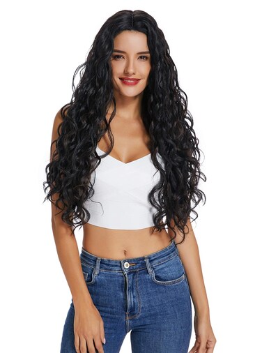 Wigs Long Wavy Curly Wigs for Women Long Wavy Black Wigs, Black Synthetic Natural Wavy Curly Wigs (22 Inch)