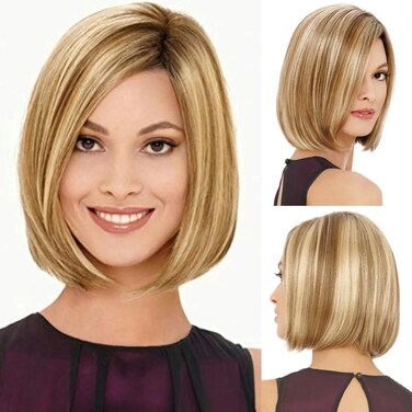 RENERSHOW Short Ombre Blonde Bob Wigs for Women 12 inch Cute Straight Bob Wigs for Girls Mixed Blonde Highlight Synthetic Wig Pixie Cut Hair Replacement Wigs