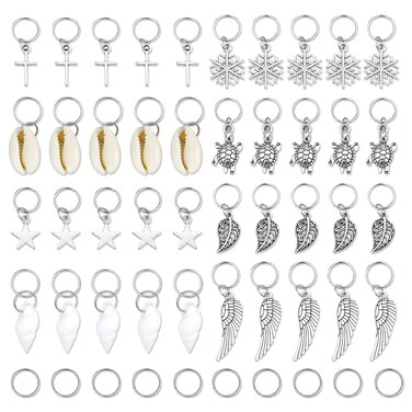 JIALEEY Hair Braid Rings, 50PCS Hair Loops Clips Silver Ring Shell Leaves Star Conch Snowflake Pendant Charms Set Hair Clip Headband Accessories