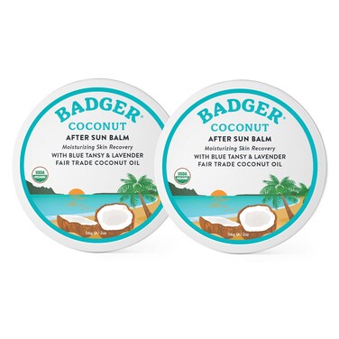 Badger Coconut AfterSun Balm, 100% Organic Soothing Sunburn Relief, Great Smelling, Moisturizing &amp; Hydrating After Sun Skin Care, 2 oz Tin, 2-Pack