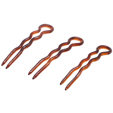 Parcelona French Slick Medium 3 Inch Tortoise Shell Wavy Crink U Shaped Chignon Bun Hair Pin (3 Pins) (Shell-Brown)