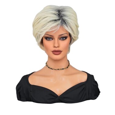 Short Gray Blonde Wigs for White Women Pixie Cut Wigs with Bangs Layered Natural Looking Synthetic Hair Wigs for Daily Use 12 inch Curly Hair Wig