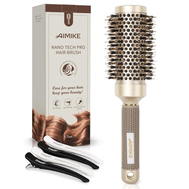 AIMIKE Round Brush, Nano Thermal Ceramic &amp; Ionic Tech Hair Brush, Round Barrel Brush with Boar Bristles for Blow Drying, Styling, Curling, Add Volume &amp; Shine (2.9 inch, Barrel 1.7 inch) + 4 Clips
