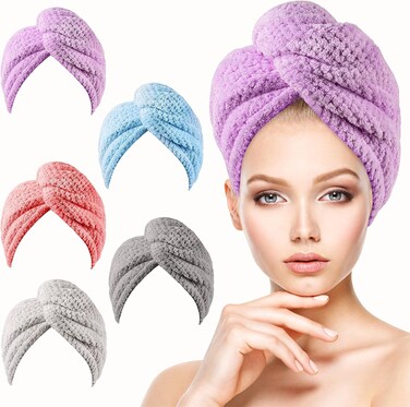5 Pack Microfiber Hair Towel, Hair Towel Wrap for Women, 5 Colors Hair Turban Towel, Hair Drying Towels, Hair Plopping Towel Curly, Head Towels Wrap, Hair Wraps for Women Wet Hair Anti Frizz