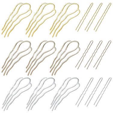 18 Piece Metal Hair Fork Clip Hair Side Combs U-shaped Metal Hair Pins for Buns 4 Prong Hair Updo U-Shape Hair Sticks for Women Hair Styling Tool Accessories (silver, gold and rose gold)
