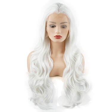 Hair Wavy Long 26inch White Heavy Density Heat Friendly Synthetic Lace Front Wigs