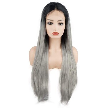 Hair Straight Super Long 28inch Dark Root Grey Ombre Heavy Density Realistic Synthetic Lace Front Wigs