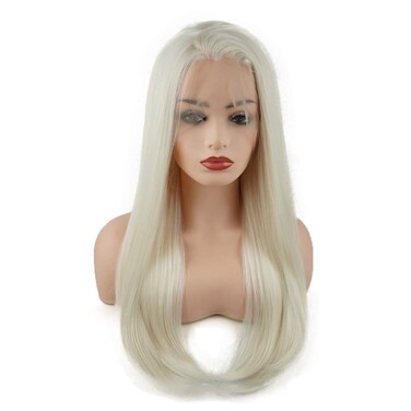 Hair Straight Long 24inch White Light Blonde Mix Heat Resistant Heavy Density Realistic Synthetic Lace Front Wig